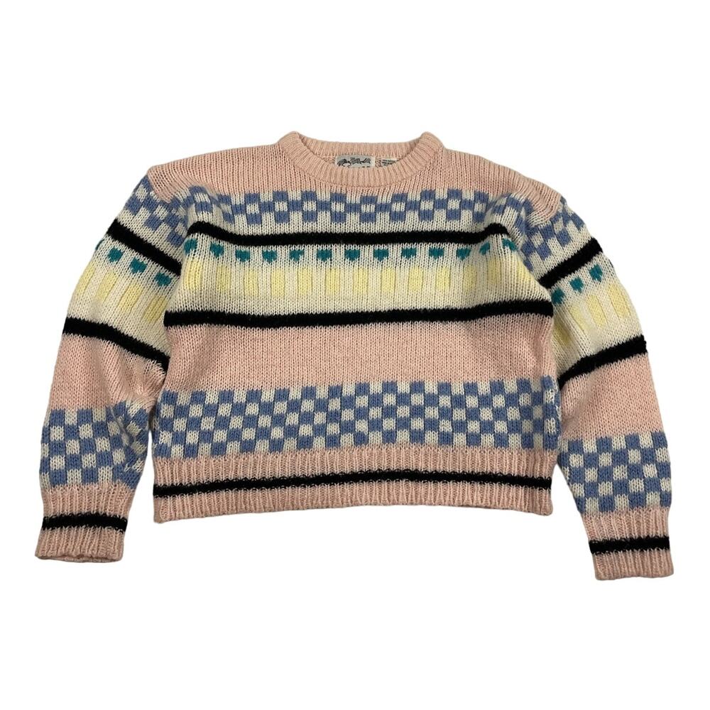 Vintage Checkered Pastel Sweater Size Large Cropped Fit Retro 80s Pink Colorful